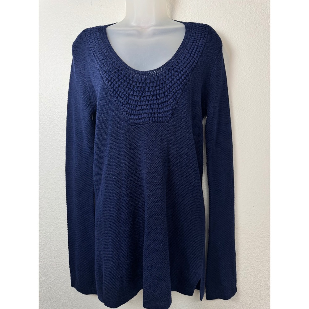 Lilly Pulitzer Navy Blue Wool Blend Knit Tunic Sweater Crochet Yoke Medium
